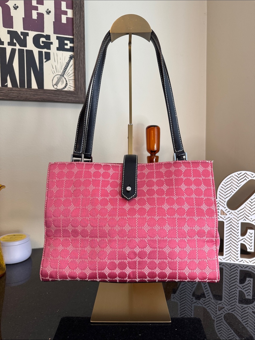 Vintage NWT kate spade Pink Patterned Tote with Black Handles New Old Stock